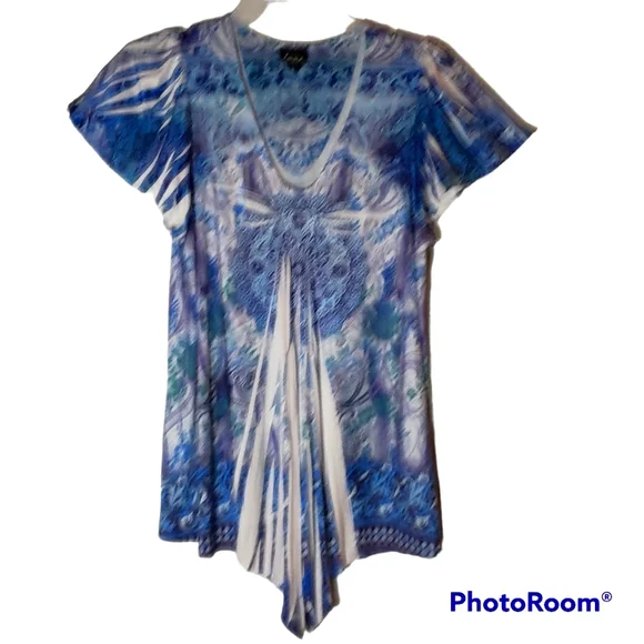 Simply Emma plus size 2X geometric print short sleeves gathered front top. 618 - Picture 1 of 5